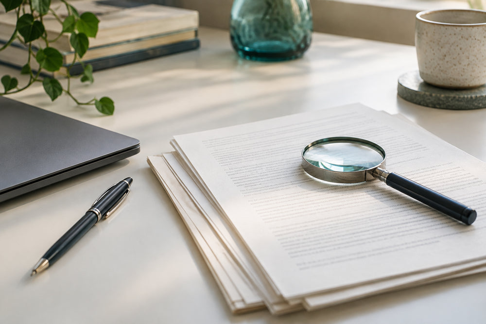 Illustrative research desk with papers, a pen and a magnifying glass